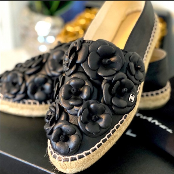 Chanel Black Leather Camellia Espadrilles Size 40 - Picture 1 of 10